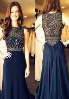 A-Line Prom Dress/Evening Dress - Navy Blue Crew Neck Beading 