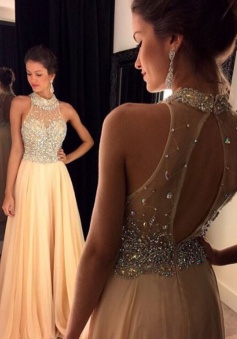 A-Line Prom Dress/Evening Dress - Champagne High Neck Crystals Beaded