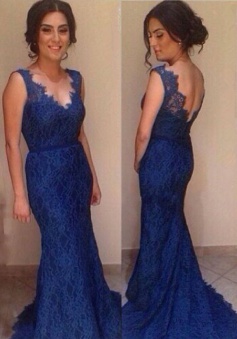 Mermaid Prom Dress/Evening Dress - Royal Blue V-Neck Lace