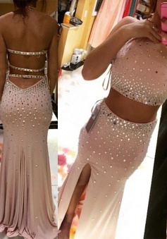 Two Piece Prom Dress/Evening Dress - Pink Halter Neck Sheath Beading