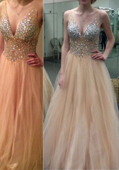 A-Line Prom Dress/Evening Dress - Champagne V-Neck Rhinestone