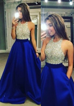 Halter Neck Beaded Long Satin Prom Dress-Royal Blue Backless Evening Prom Dress