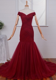 Off-shoulder Ruched Mermaid Prom dress-Dark Red Tulle Long Prom Dress