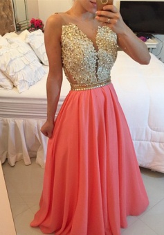 Gorgeous A-line Beaded Prom Dress-Appliques Chiffon Long Prom dress