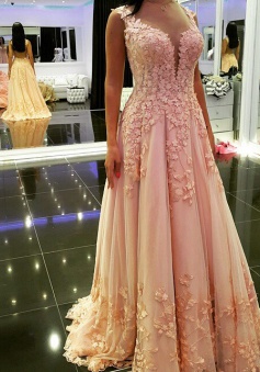 Elegant Long Appliques V-Neck Prom Dress-Tulle Backless Prom Dress