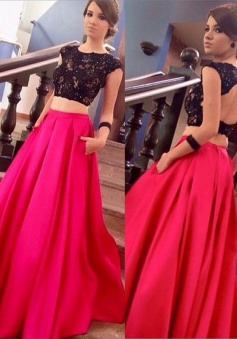 Two Piece Crew Sweep Train Open Back Fuchsia Satin Prom Dress with Appliques Beading