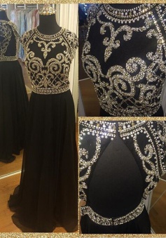 Hot-selling A-line Long Chiffon Beaded Prom dress-Black Open Back Crew Neck Prom Dress