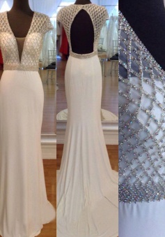 Elegant Mermaid Backless Prom Dress with Beaded-White Long V-Neck Prom dress