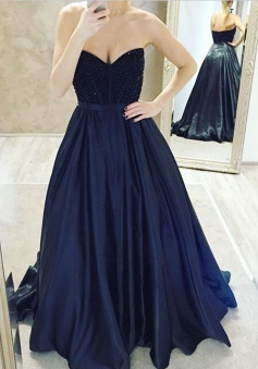 Sexy Sweetheart Beaded Long Prom Dress-Ball Gown Satin Navy Blue Prom dress