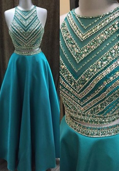 Two Pieces Beaded Crew Neck Prom Dress-Zipper-up Satin Long Prom Dress