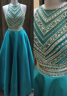 Two Pieces Beaded Crew Neck Prom Dress-Zipper-up Satin Long Prom Dress