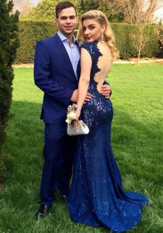 Mermaid Deep V-Neck Sweep Train Cap Sleeves Backless Royal Blue Lace Prom Dress