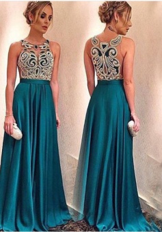 Special Illusion Appliques Prom Dress-Long Satin Evening Dress