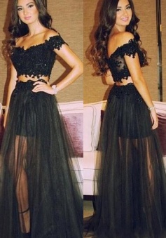Two Piece Off-the-Shoulder Short Sleeveless Lace Top Black Tulle Prom Dress