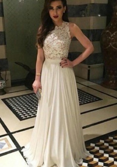 A-Line Jewel Sweep Train Sleeveless Ivory Chiffon Prom Dress with Appliques