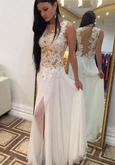 A-Line Jewel Floor-Length Side-Zipper Split-Side White Chiffon Prom Dress with Appliques