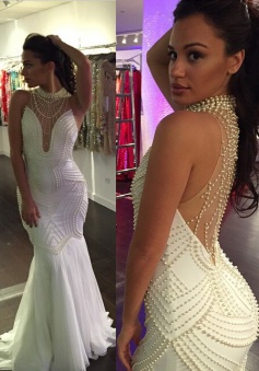 Mermaid Illusion Back Beaded Long Prom dress-High Neck Sleeveless Evening Dress