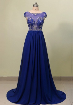 Elegant A-line Scoop Neck Beaded Long Chiffon Royal Blue Prom dress