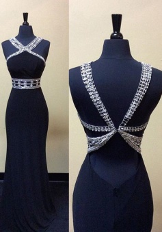 Sexy Mermaid Long Beaded Backless Prom dress-Navy Blue Sleeveless Prom dress