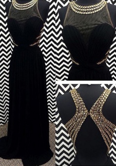 A-line Crew Neck Beaded Backless Long Prom dress-Black Sleeveless Chiffon Prom dress