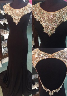 Scoop Neck Beaded Column Black Chiffon Sleeveless Prom Dress with Court Train