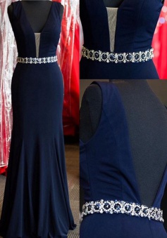 Sexy Mermaid Backless Long Prom dress-Beaded Navy Blue Chiffon Prom Dress