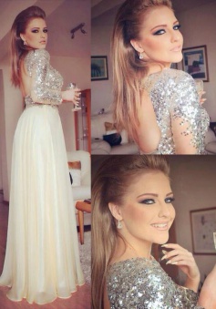 Sparkle A-line Backless Long Chiffon Prom dress with Long Sleeves