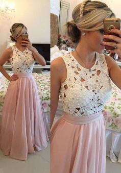 A-Line Crew Floor-Length Sleeveless Pink Chiffon Prom Dress with Beading Lace