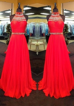 New Arrival A-Line High Neck Floor Length Red Prom/Evening Dress with Rhinestone