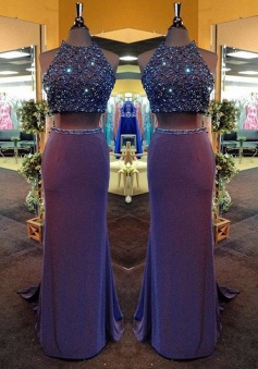 Two Piece Jewel Sweep Train Split-Side Open Back Grape Chiffon Prom Dress with Beading