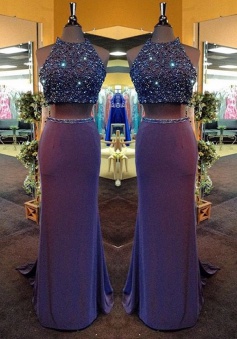 Two Piece Jewel Sweep Train Split-Side Open Back Grape Chiffon Prom Dress with Beading