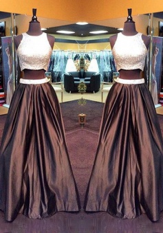 Two Piece Prom Dress/Evening Dress - Chocolate Crew Neck A-Line Beading
