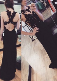 Sexy Sheath Crew Neck Floor Length Black Prom Dress Evening Dress with Appliques