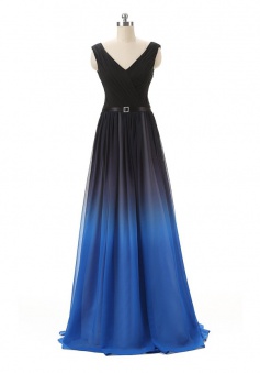 Gradient A-Line V-Neck Floor Length Chiffon Prom/Evening Dress with Belt