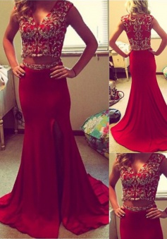 Mermaid Prom Dress/Evening Dress - Red V-Neck Sweep Train Two Piece Beading