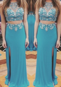 Two Piece Prom Dress/Evening Dress - Blue Crew Neck Sheath Rhinestone