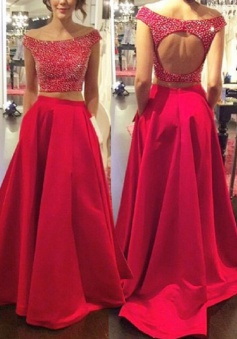 Two Piece Off-the-Shoulder Sweep Train Open Back Red Satin Prom Dress with Beading