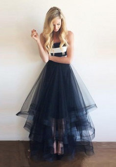 New Arrival A-Line Strapless Floor Length Navy Blue Prom Dress/Evening Dress with Ruffles