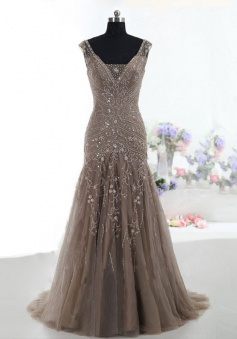 A-Line V-Neck Sweep Train Tulle Sleeveless Beaded Lace-up Brown Prom Dress Evening Gowns