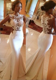 Glamorous Mermaid Prom/Evening Dress - White Crew Neck Sweep Train Appliques