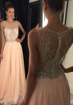 Elegant A-Line Crew Neck Floor-Length Chiffon Pink Prom Dress Evening Gowns With Beading