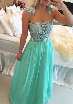 Sexy A-Line Floor-Length Blue Prom Dress With Pearls