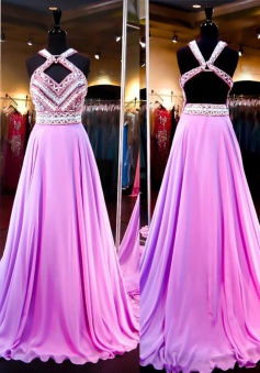 Sexy A-Line Halter Court Train Purple Prom Dress With Beading