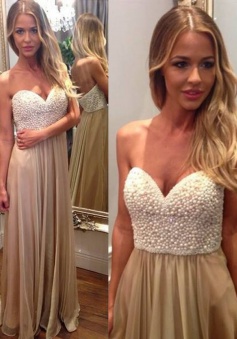 Sexy A-Line Sweetheart Floor-Length Champagne Prom Dress With  Pearls