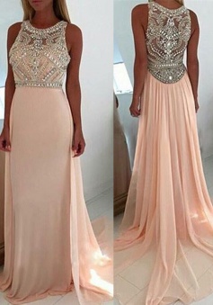 Luxurious Scoop Neck Court Train Pink Prom Dress