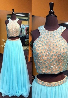Two-piece Prom Dress - Blue Halter Floor-Length Pearls