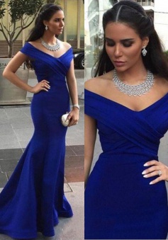 Off-shoulder Mermaid Sweep Train V-neck Blue Evening Dress