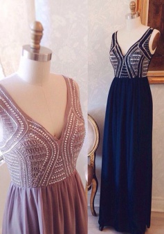 Hot A-line V-neck Floor-length Chiffon Beaded Prom Dress