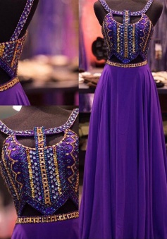 A-Line Halter Floor-Length Keyhole Open Back Grape Chiffon Prom Dress with Beading