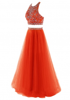 Two Piece Prom Dress - A-line Orange Sequins Tulle